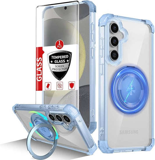 for Samsung Galaxy S24 Plus Case Compatible Wireless Charging Magnetic,with Screen Protector,for S24+Plus Phone Case with 360°Stand Ring Military Grade Shockproof Heavy Duty Protection Blue