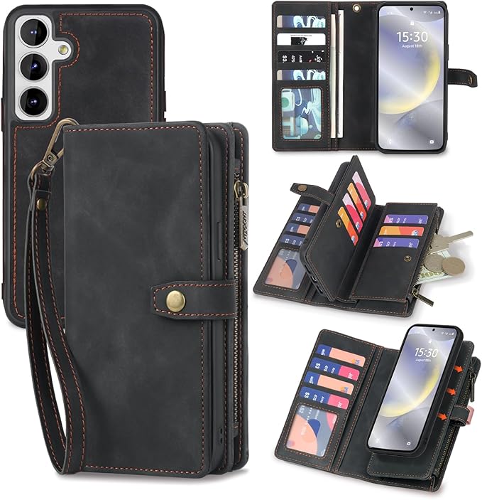 TwoHead Phone Case Wallet Compatible with Samsung Galaxy S24 Plus | Card Holder, Detachable, Magnetic, PU Leather, All-Round Protective, Phone Case Wallet, Wrist Strap,Black