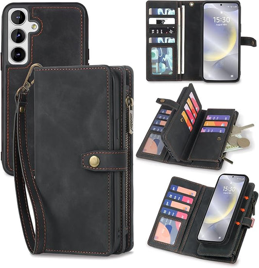 TwoHead Phone Case Wallet Compatible with Samsung Galaxy S24 Plus | Card Holder, Detachable, Magnetic, PU Leather, All-Round Protective, Phone Case Wallet, Wrist Strap,Black