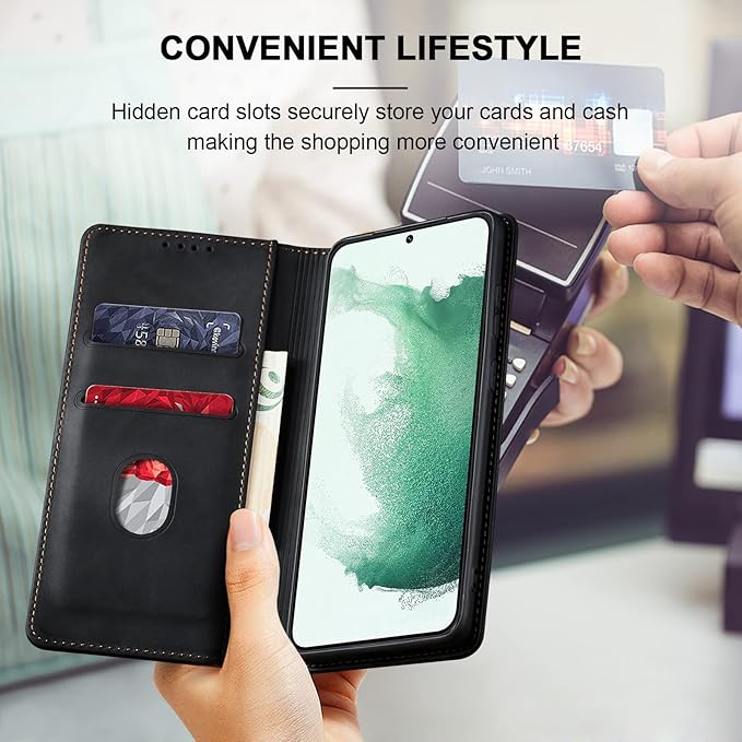 Jasonyu Flip Wallet Case for Samsung Galaxy S22 5G,Leather Magnetic Folio Cover with Card Holder,Kickstand - TPU Shockproof Durable Protective Phone Case,Black