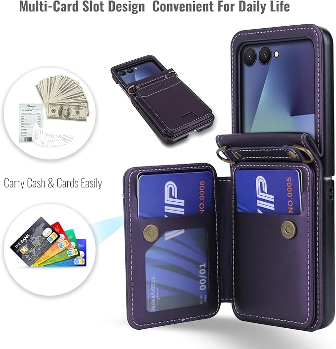 ASAPDOS for Samsung Galaxy Z Flip 7 PU Leather Wallet Phone Case with Card Slots (Holds 5 Cards), Anti-Drop Protection, Wrist & Shoulder Strap Purple