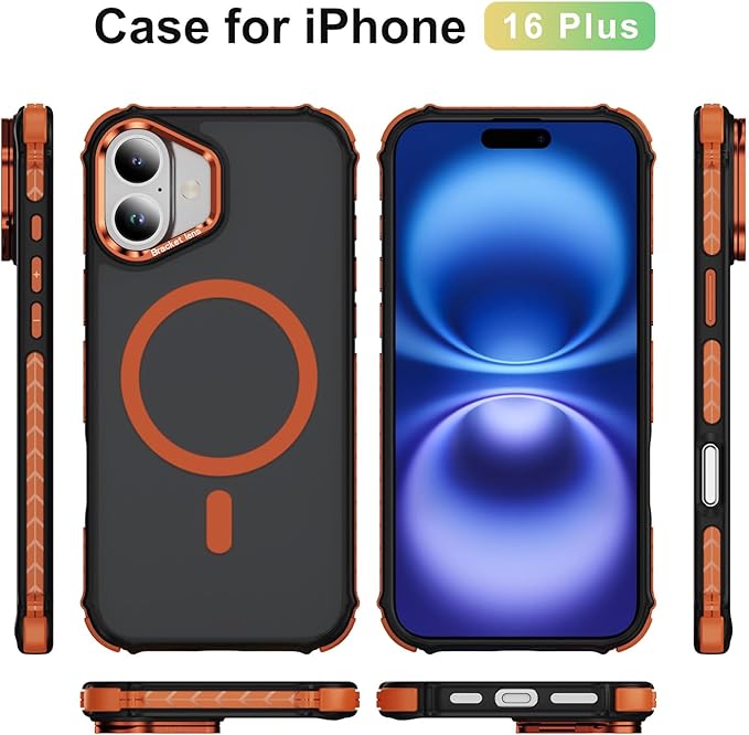 Magnetic for iPhone 16 Plus Case Orange with MagSafe Wireless Charging Heavy Duty Military-Grade Shockproof Protection Adjustable Kickstand Slim Matte Anti-Fingerprint Cover Men Women