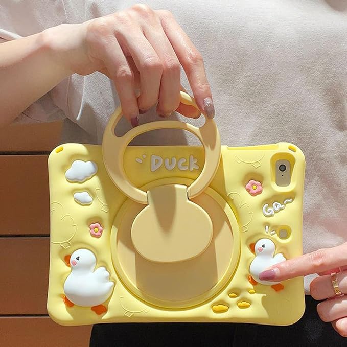 for Galaxy Tab A9 Case 8.7 inch 2023 Kids Girls Cute 3D Kawaii Cartoon Silicone Cover with 360°Rotatable Stand Shoulder Strap Hand Grip Case for Tab A9 Tablet SM-X110/X115/X117(Duck)