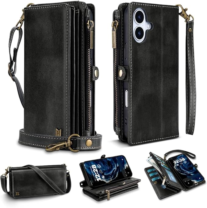 for iPhone 17 Wallet Phone Case with 7 Card Holder,RFID Blocking | PU Leather | Kickstand | Flip | Wrist Strap&Shoulder Strap | Shockproof | Zipper Wallet | Women Men | 6.3" | Black