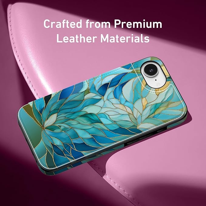 FUNMIKO for iPhone 16e Wallet Case with Card Holder, RFID-Blocking, Military-Grade Protection & UV-Printed Artwork, Magnetic Closure with Leather Kickstand - Sleek Cyan Leaf