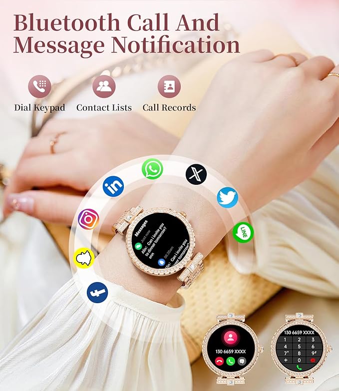 Diamond Smart Watch for Women(Buletooth Call), 1.19" AMOLED HD Display, 100+ Sports Mode Fitness Tracker Watch, 5ATM Waterproof/Pedometer/Sleep Smartwatch Women, iOS Android Smart Watches