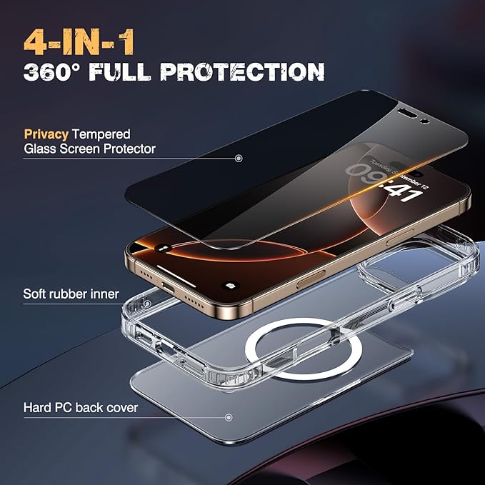 Diaclara Designed for iPhone 16 Pro Max Case, [with Privacy Screen Protector] [Anti Spy] [Military Grade Drop Protection] Heavy Duty Full-Body Shockproof Phone Case, Magnetic Clear