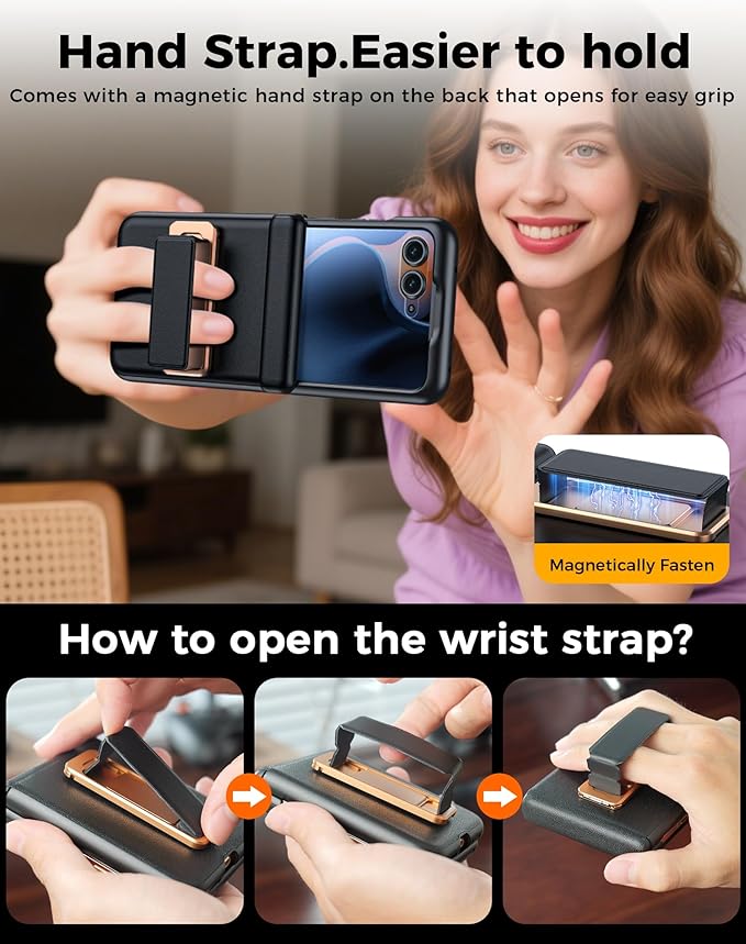 for Motorola Razr 2025 Case/Razr 2024 Case, Built-in Screen Protector & Hinge Protection & 360° Spin Stand & Hand Strap, Slim Genuine Leather Shockproof Phone Case for Razr 2025/2024(Black)