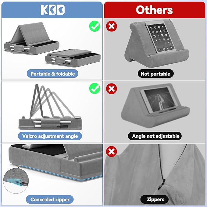 KDD Tablet Pillow Stand, Multi-Angle Viewing Ipad Holder for Lap, Bed and Desk, Foldable Soft Pad Dock with Stylus Mount Compatible with Ipad Pro 12.9, 10.5, 11, Air, Mini, Phones, Books, E-Reader