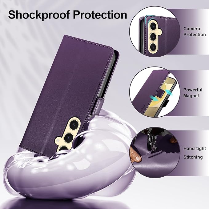 Wallet Flip Case for Samsung Galaxy S25 5G - [RFID Blocking] Luxury PU Leather Card Holder Magnetic Phone Cover with Kickstand,Shockproof Protective Case,Purple
