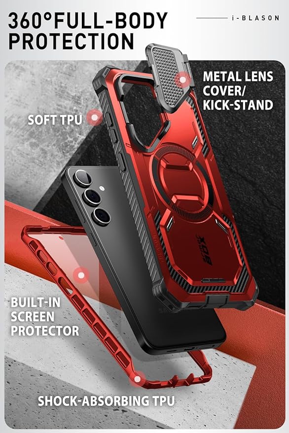 i-Blason for Samsung Galaxy S24 Case with Camera Cover Stand, [Compatible with MagSafe] [Built-in Screen Protector], Anti-Fall Magnetic Phone Case for Samsung Galaxy S24 6.2", Ruddy