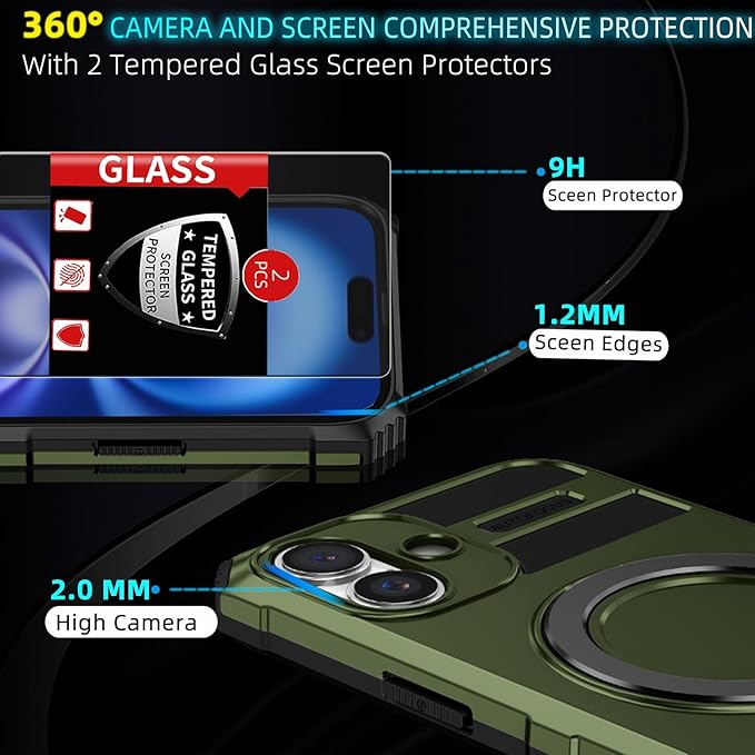 for iPhone 16 Case Magnetic Compatible with MagSafe Wireless Charging,with 2 Screen Protectors,Built-in Kickstand Ring,Shockproof Shock-Absorbent Scratch Resistant Heavy Duty Protection Green