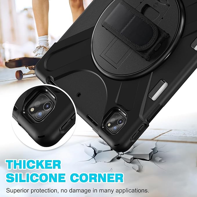 DreamerX for iPad Air 13 Inch (2025/2024) M3/M2 iPad Pro 12.9 6th 5th 4th 3rd Gen Case with 360° Rotating Stand Hand Strap Shoulder Strap, Heavy Duty Rugged Kids Cover for iPad Air 13 Pro 12.9", Black