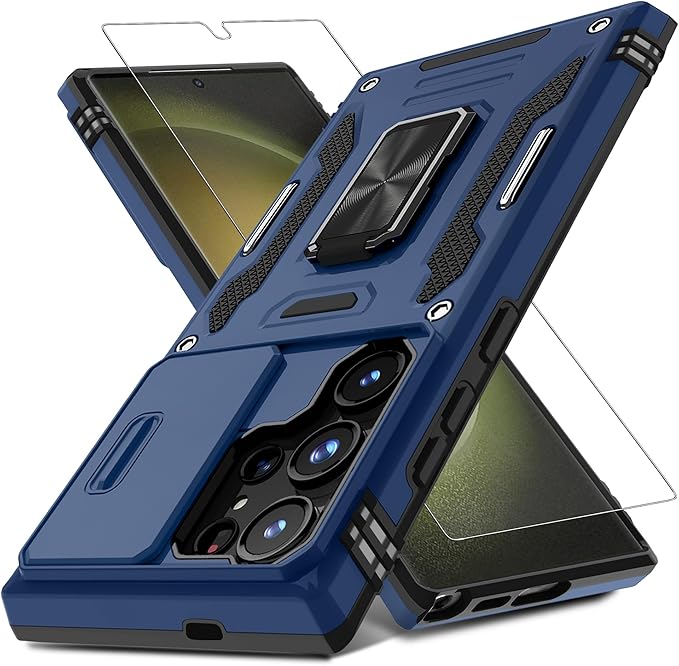 DEERLAMN Case for Samsung Galaxy S25 Ultra with Slide Camera Cover+Screen Protector (1 Pack), Rotated Ring Kickstand Military Grade Shockproof Protective Cover-Navy Blue