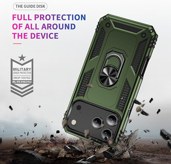 ADDIT Compatible with iPhone 17 Pro Max Case with Tempered Glass Screen Protector, Adjustable Kickstand Ring, Military-Grade Heavy Duty Protection, Shockproof, Anti-Fingerprint,ArmyGreen