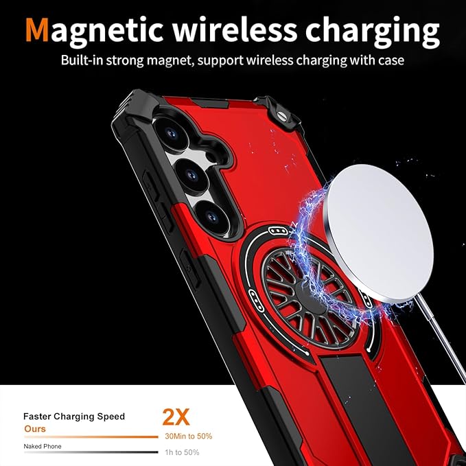 Magnetic Case for Galaxy S25/Galaxy S24, Built-in Stand [Compatible with Mag-Safe] Shockproof Protective Cover Case for Samsung Galaxy S25/Galaxy S24 Red