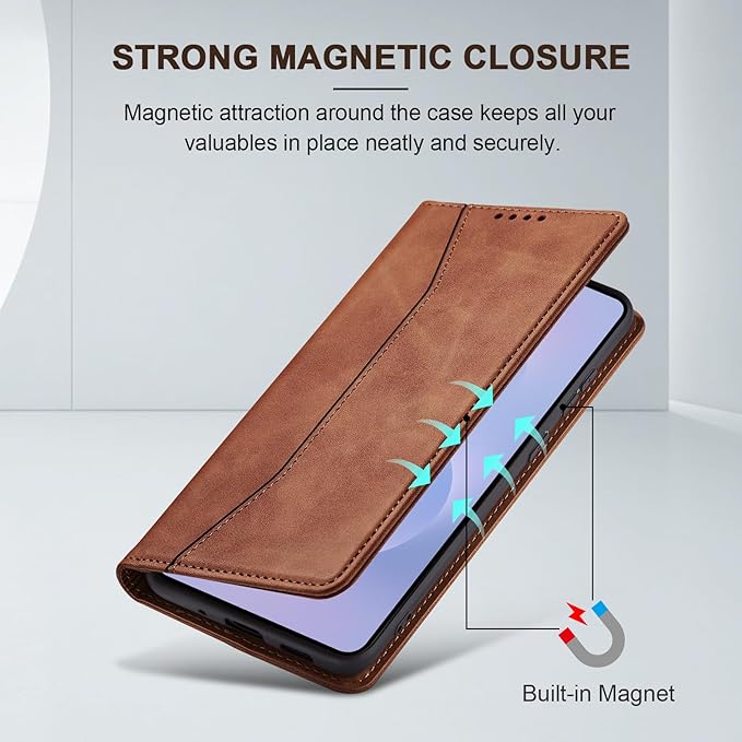 Jasonyu Flip Wallet Case for Samsung Galaxy S25 Edge 5G,Leather Magnetic Folio Cover with Card Holder,Kickstand - TPU Shockproof Durable Protective Phone Case,Brown