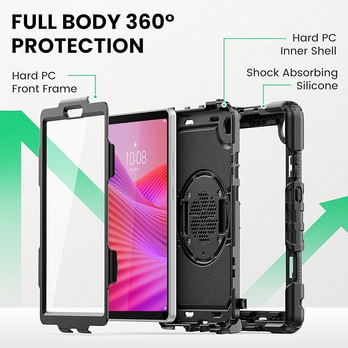 SEYMAC Case for Lenovo Tab One 8.7 inch/ K9 TB305FU (2025), Heavy Duty Full-Body Shockproof Protective Case with Screen Protector, Stand, Hand/Shoulder Strap and Pen Holder, Black