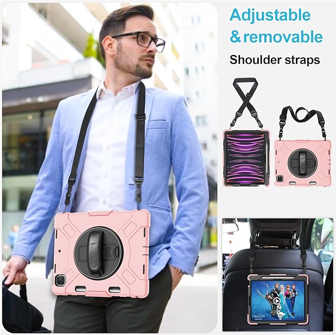 Case for iPad Pro 12.9 2022/2021/ 2020/2018: Cover for iPad Pro 12.9 6th/ 5th/ 4th/ 3rd Generation with Screen Protector- Stand- Pencil Holder- Handle- Shoulder Strap Pink