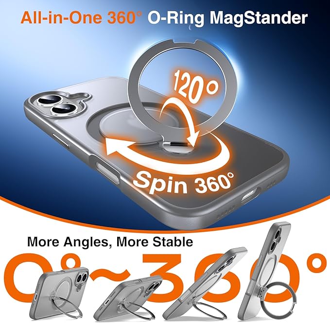 360° O-Ring MagStander for iPhone 16 Case with Magnetic Kickstand Ring Holder [Compatible with MagSafe][360°Rotate Stand Ring][Military Shockproof] Magnet iPhone 16 Phone Cover Matte Grey