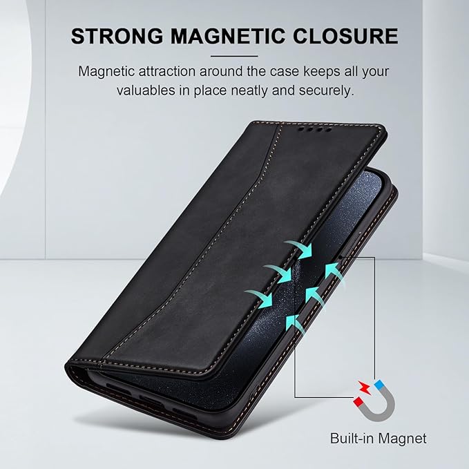 Jasonyu Flip Wallet Case for iPhone 15 Pro,Leather Magnetic Folio Cover with Card Holder,Kickstand - TPU Shockproof Durable Protective Phone Case,Black