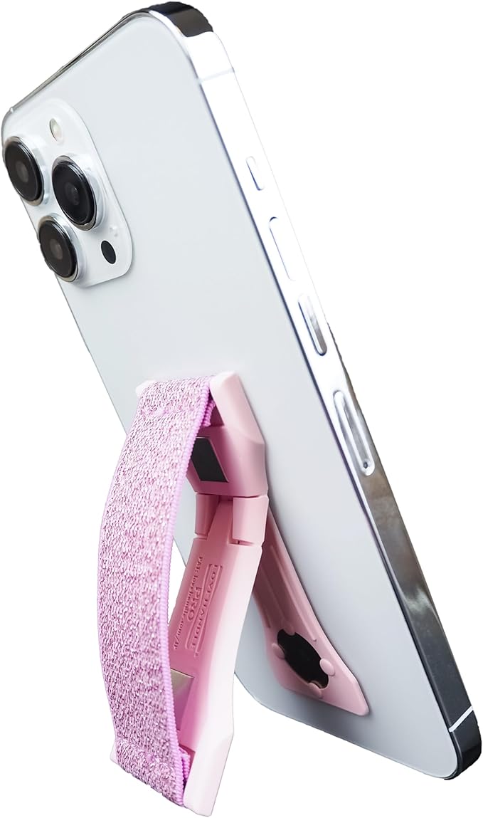 LOVEHANDLE PRO Premium Phone Grip - Elastic Phone Strap - Magnetic Phone Mount and Kickstand for Smartphone and Tablet - Pink Glitter
