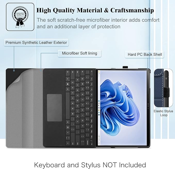 Fintie Case for 13 Inch Microsoft Surface Pro 11/10/9 - Multiple Angle Viewing Portfolio Business Cover with Pocket & Stylus Holder, Compatible with Type Cover Keyboard, Navy/Black