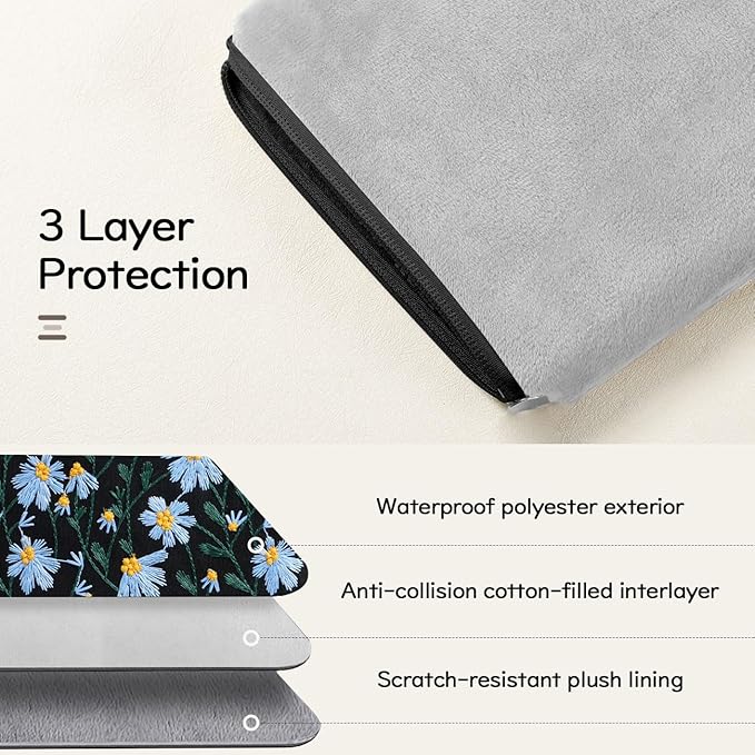 9-11 Inch Embroidered Daisy Padded Carrying Case Protective Tablet Sleeve for iPad A16 11th Gen 11"/10th Gen 10.9", iPad Air 11"/Pro 11"/Air 5th 4th 10.9", Galaxy Tab A9+ Plus 11", Black