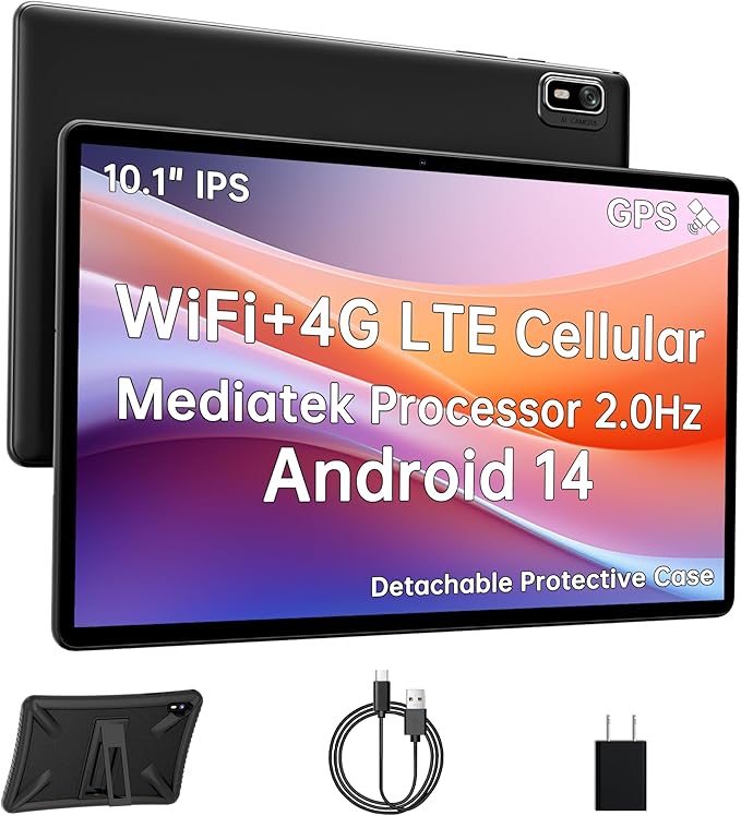 HAOVM Android 14 Tablet 10.1 Inch,4G SIM Unlocked, Quad-Core CPU 2.0GHz,3GB+32GB, TF Expandable, IPS Display, 5G WiFi, Bluetooth 5.0,5MP+8MP Dual Cameras,5000mAh, GPS, Google Kids Space，Black case