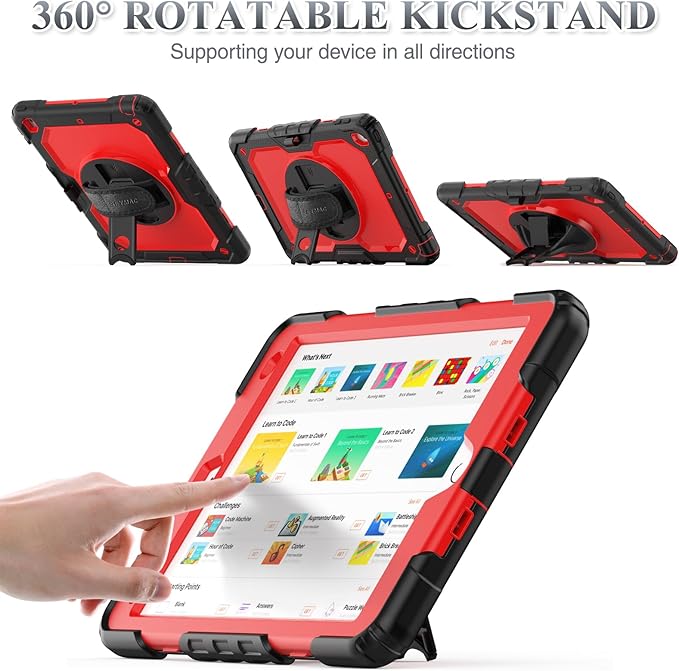 SEYMAC stock Case for iPad 9th/ 8th/ 7th Generation 10.2'', Shockproof with Screen Protector, Pencil Holder [360° Rotating Hand Strap] & Stand, for iPad 10.2 inch 2021-2019 (Red+SiliconeBlack)
