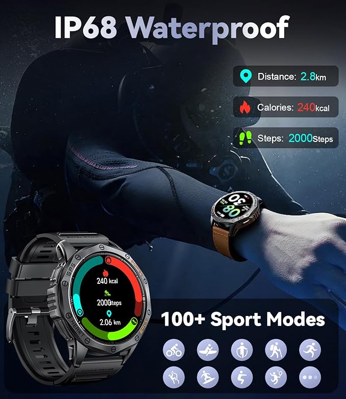 GPS Smart Watches for Men,1.43" AMOLED Fitness Tracker with LED Flashlight/Compass/530mAh Battery, Heart Rate/SpO2/Sleep Monitor 5ATM Outdoor Sports Smartwatch for Android iOS,100+Sport Modes