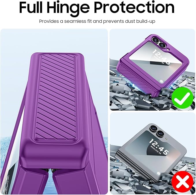 CENMASO for Samsung Galaxy Z Flip 6 Case/Z Flip 7 FE Case with Card Holder [RFID Blocking] & Hinge Protection & Screen Protector, Full-Body Shockproof Phone Case for Z Flip 6/Z Flip 7 FE-Purple