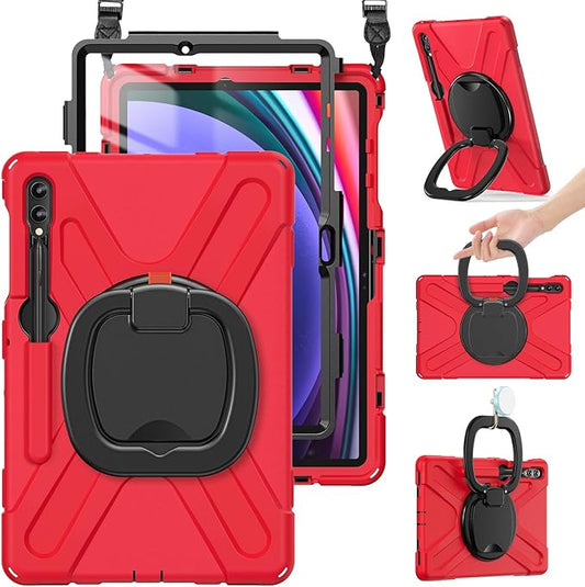 BRAECN Case for Samsung Galaxy Tab S10+/S9 FE+/S9+ 12.4” 2024 SM-X820/X610/X810, Shockproof Silicone Case with Screen Protector/S Pen Holder/Shoulder Strap/Kickstand for Galaxy Tab S8+/S7 FE/S7+,Red