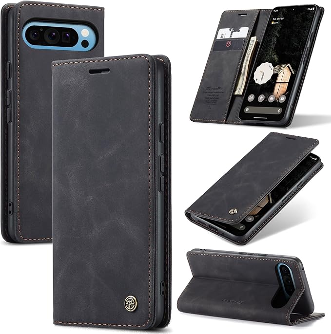 for Google Pixel 10 Pro XL/Pixel 9 Pro XL Case, Flip Wallet Leather Case with Card Holder Magnetic Closure Shockproof Kickstand Protective Phone Cases Cover, Black