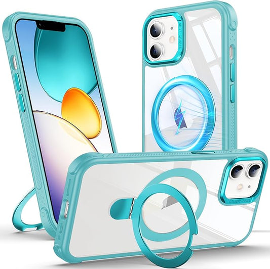 Anqrp O-Ring Magnetic Kickstand Clear Case for iPhone 12/12 Pro, Compatible with Mag-Safe, Military-Grade Reinforced 4-Corners Anti-Yellowing Transparent Phone Case Cover for iPhone 12/12 Pro, Teal