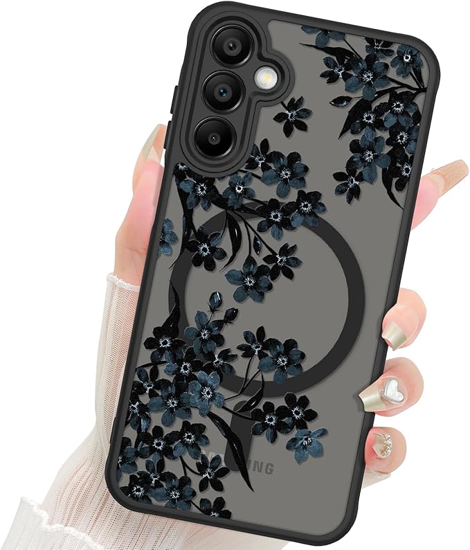 Fiyart Designed for Samsung Galaxy A14 5G Case Matte Flowers Design Compatible with MagSafe Wireless Charging,Cute Floral Anti-Scratch Translucent Phone Cover for Women Girls 6.6"-Black