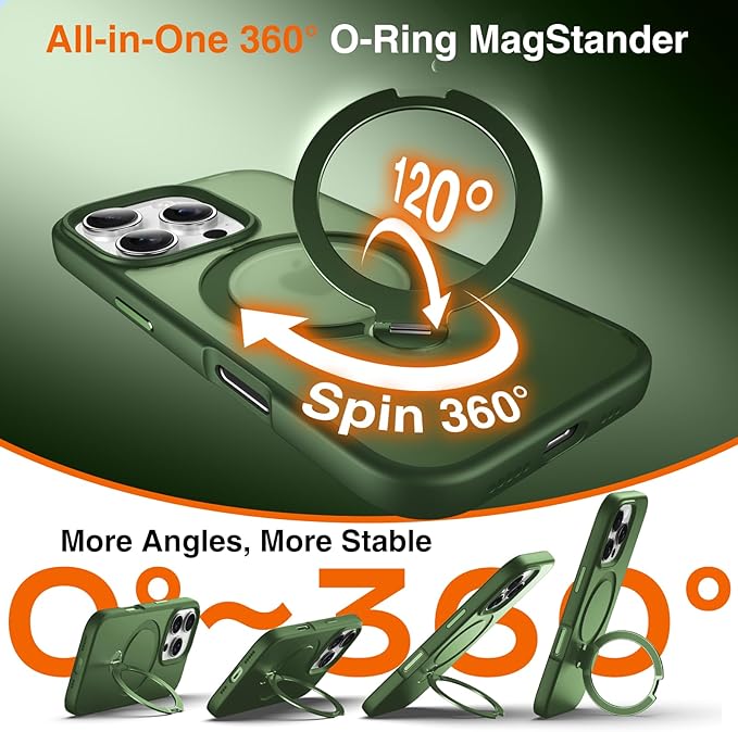 360° O-Ring MagStander for iPhone 14 Pro Max Case with Magnetic Kickstand Ring Holder [Compatible with MagSafe][360°Rotate Stand][Military Shockproof] iPhone 14 Pro Max Phone Cover Green