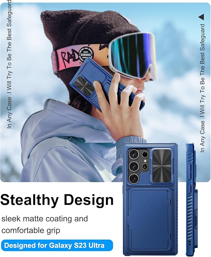for Samsung Galaxy S23 Ultra Case with Card Holder (Store 4-5 Cards), Slide Lens Cover & Stand, Military Grade Protection, Heavy Duty Shockproof Wallet Phone Case for Galaxy S23 Ultra, Blue