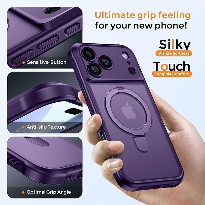 MOCCA Compatible with iPhone 17 Pro Case with Magnetic Invisible Stand [Full Camera Protection] [Compatible with Magsafe] Military Drop Shockproof Translucent Matte Phone Case Cover 6.3",Deep Purple
