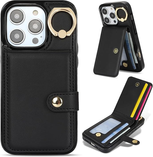 Compatible iPhone 16 Pro Max Wallet Case with Card Holder RFID Blocking PU Leather Doubles as a Wallet Unisex Flip Shockproof Protection with Card Slots Ring Wrist Kickstand Function,Black