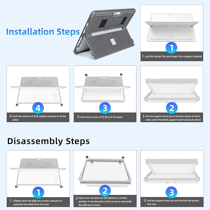 Case fit Microsoft Surface Pro 11/10/9/8 13-Inch, with Stent Cover, Hand Strap, All-in-one Rugged Case Compatible with Type Cover Keyboards, Gray