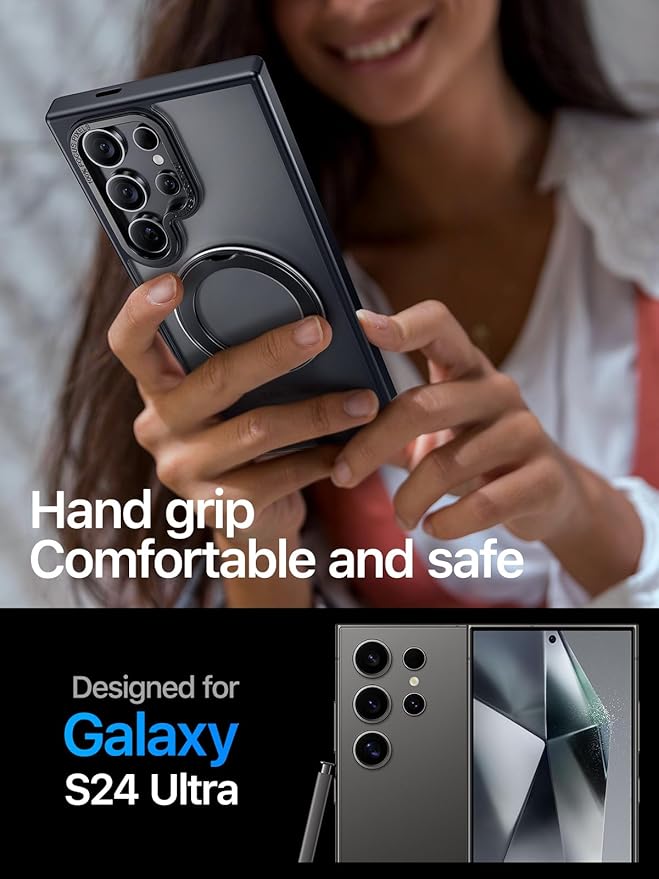 QTlier Phone case for Galaxy S24 Ultra- 360 Rotatable Magnetic Ring Stand, Military-Grade Protection, Raised Camera Frame Black