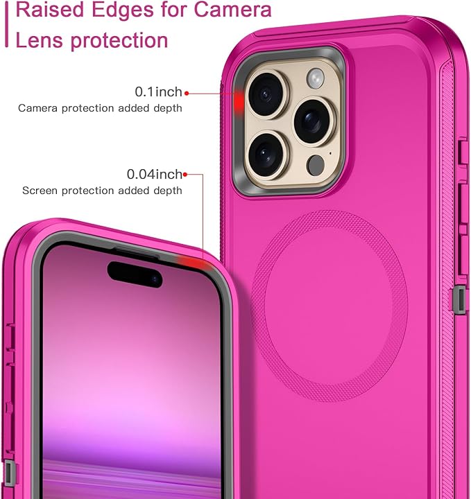 for iPhone 16 Pro Max Case [Compatible with MagSafe] Shockproof 3-Layer Full Body Protection [Without Screen Protector] Rugged Heavy Duty Cover Case for Apple iPhone 16 Pro Max,Rose Red/Grey