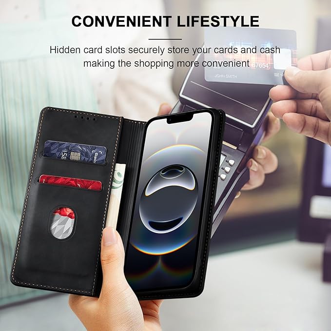 Jasonyu Flip Wallet Case for iPhone 16E,Leather Magnetic Folio Cover with Card Holder,Kickstand - TPU Shockproof Durable Protective Phone Case,Black