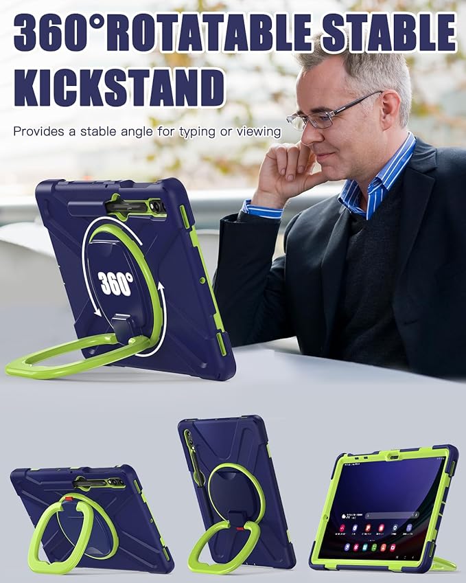 BRAECN Case for Samsung Galaxy Tab S10+/S9 FE+/S9+/S8+/S7 FE/S7+ 12.4”, Rugged Silicone Cover w/S Pen Holder, Screen Protector, Handle Grip/Stand, Shoulder Strap for Galaxy Tab S9 FE Plus, Navy Green