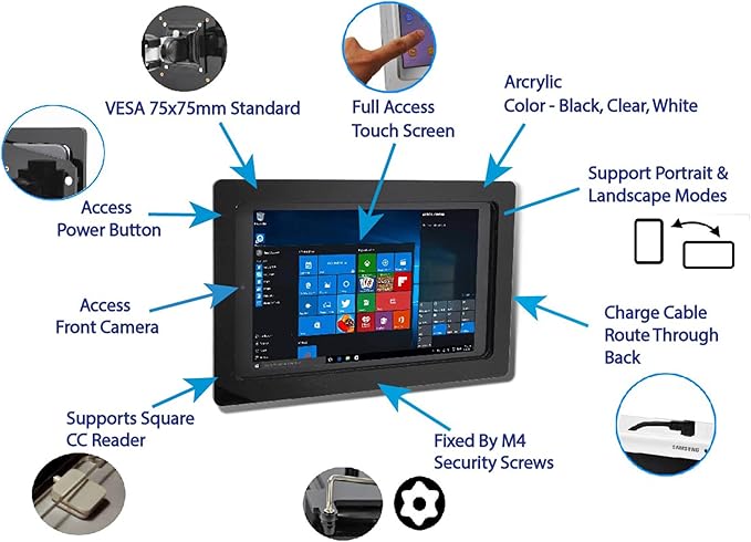TABcare Anti-Theft Security Acrylic VESA Case for Microsoft Surface Pro 12 Tablet with 90-Degree USB C Cable & Wall Mount (Black, Surface Pro 12)