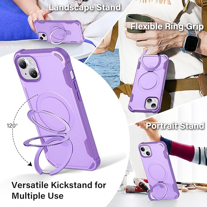 Designed for iPhone 14 Case with Magnetic Stand [Military Drop Protection][Compatible with Magnet] Shockproof 14 Phone Case with Ring Holder, Purple