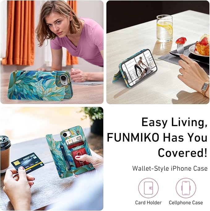 FUNMIKO for iPhone 16e Wallet Case with Card Holder, RFID-Blocking, Military-Grade Protection & UV-Printed Artwork, Magnetic Closure with Leather Kickstand - Sleek Cyan Leaf