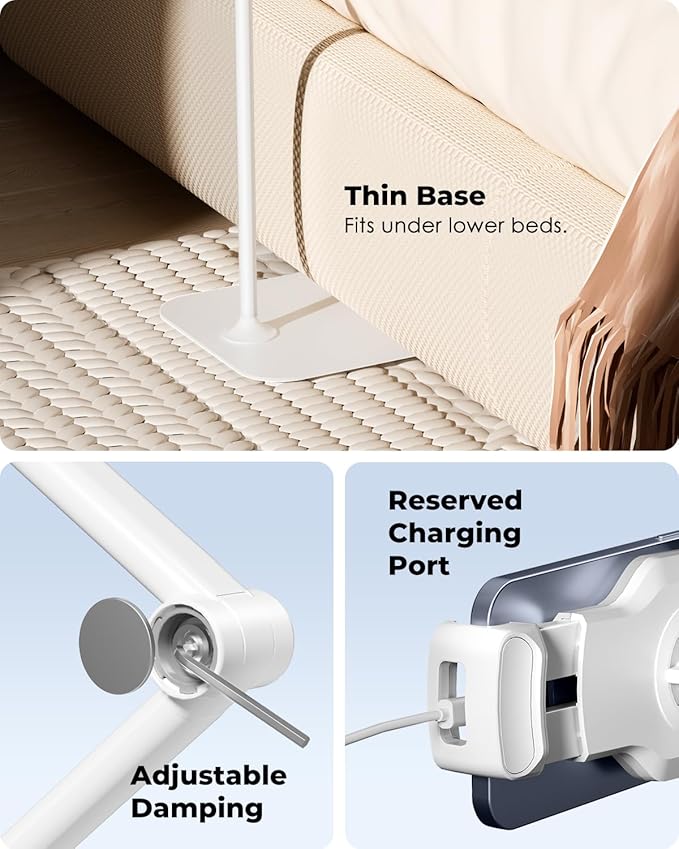 Viozon Tablet Floor Stand Holder, Compatible with 4.7"-13" Phone/Tablet, iPhone 15 Plus/Pro Max iPad,Kindle, 68" Phone Stand, Aluminum Alloy, Universal 360° Rotatable,for Bed,Sofa,Desk,White