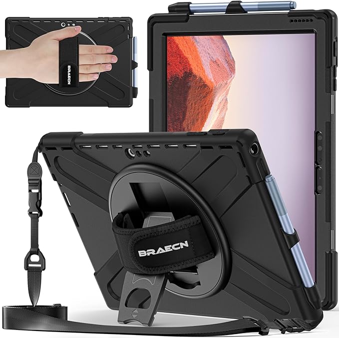BRAECNstock Silicone Case for Microsoft Surface Pro 7+ Plus/Pro 7/6/5/4 12.3" Rugged Surface Pro 7+/7/6/5/4 Kids Cover with Screen Protector Rotating Hand Strap+Stand Pen Holder Shoulder Strap - Black